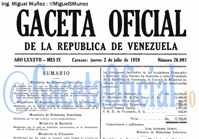 Gaceta Oficial 26001 del 2 Julio 1959