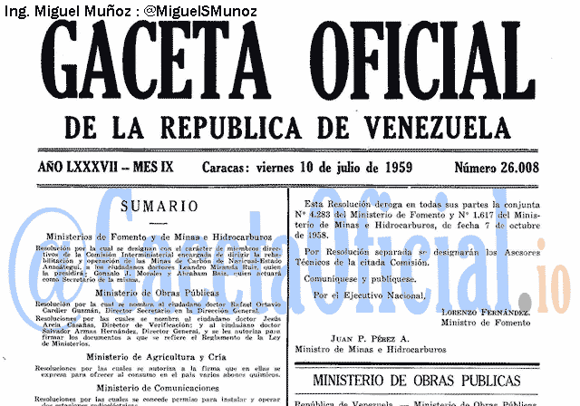 Gaceta Oficial 26008 del 10 Julio 1959