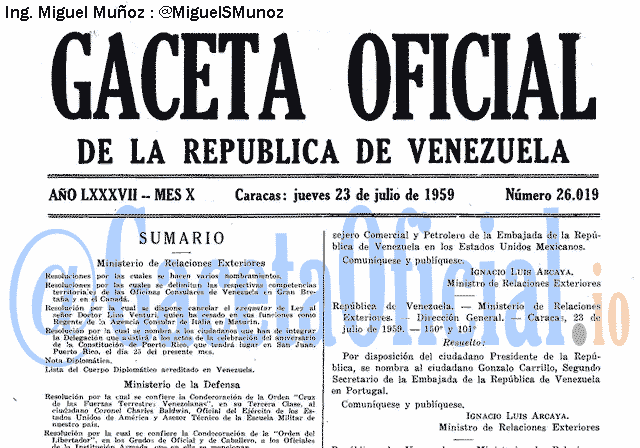 Gaceta Oficial 26019 del 23 Julio 1959