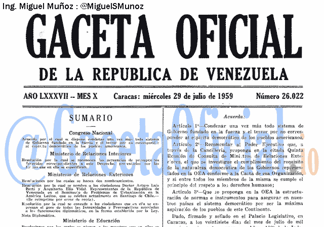 Gaceta Oficial 26022 del 29 Julio 1959