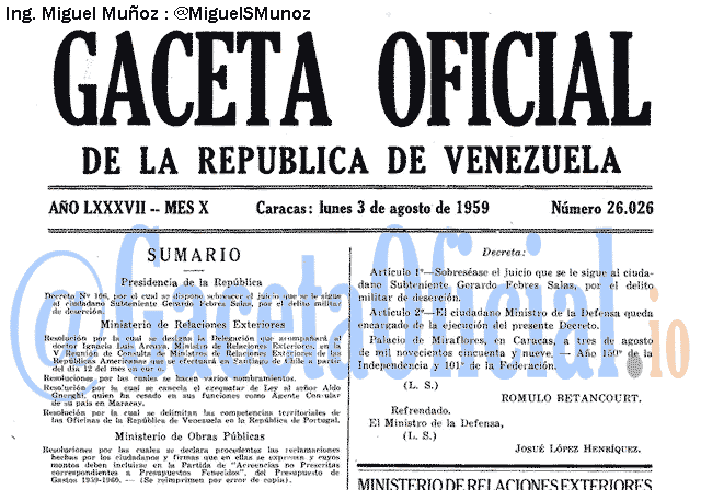 Gaceta Oficial 26026 del 3 Agosto 1959