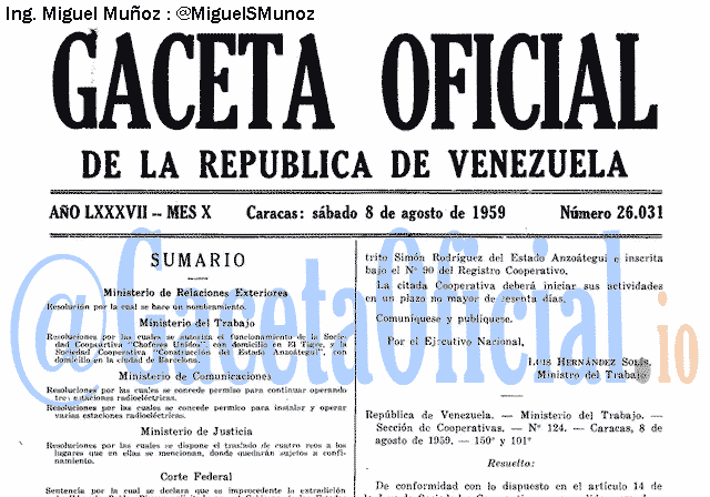 Gaceta Oficial 26031 del 8 Agosto 1959