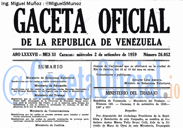 Gaceta Oficial 26052 del 2 Septiembre 1959