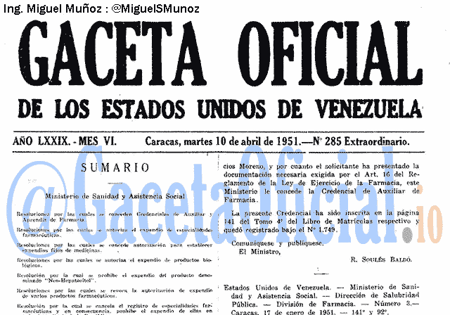 Gaceta Oficial 285 del 10 Abril 1951