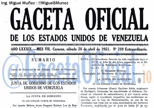 Gaceta Oficial 289 del 28 Abril 1951