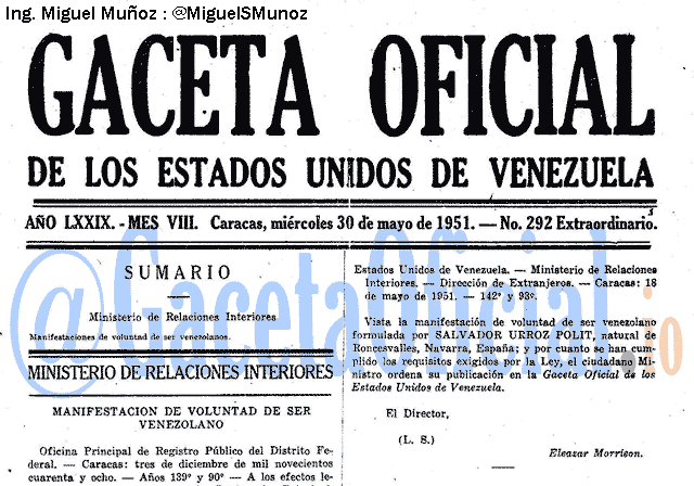 Gaceta Oficial 292 del 30 Mayo 1951