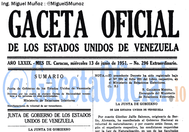 Gaceta Oficial 296 del 13 Junio 1951