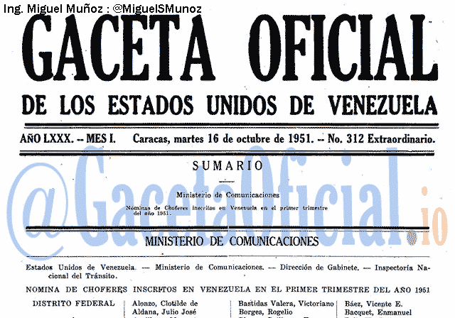 Gaceta Oficial 312 del 16 Octubre 1951