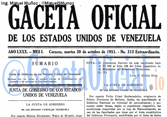 Gaceta Oficial 313 del 30 Octubre 1951