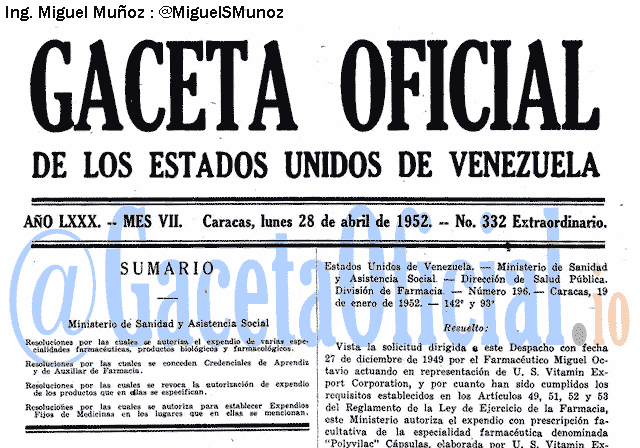 Gaceta Oficial 332 del 28 Abril 1952