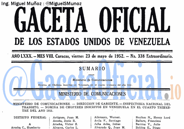 Gaceta Oficial 338 del 23 Mayo 1952