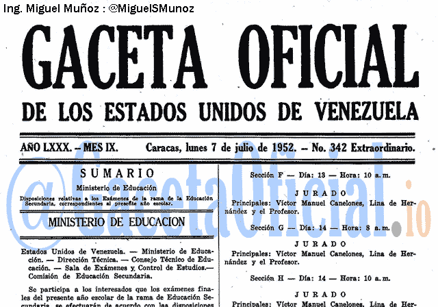 Gaceta Oficial 342 del 7 Julio 1952