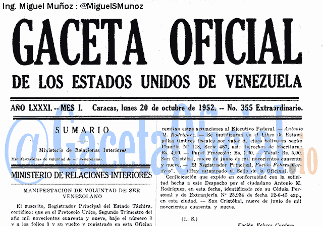 Gaceta Oficial 355 del 20 Octubre 1952