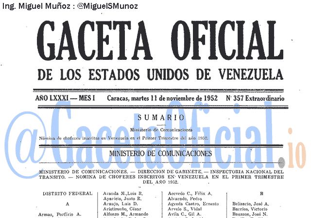 Gaceta Oficial 357 del 11 Noviembre 1952