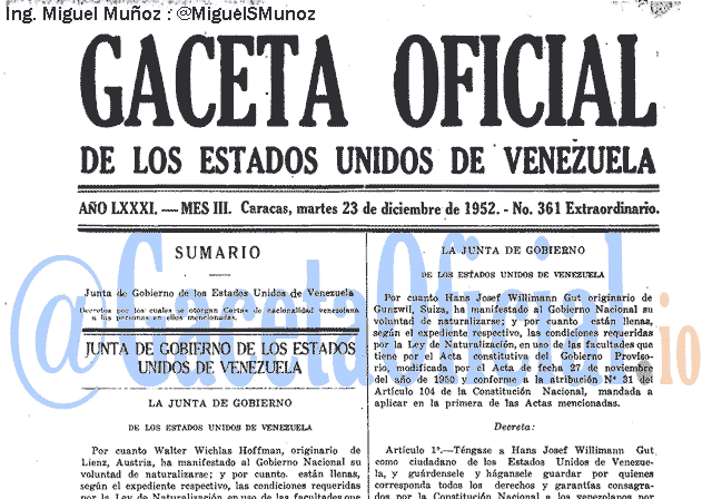 Gaceta Oficial 361 del 23 Diciembre 1952