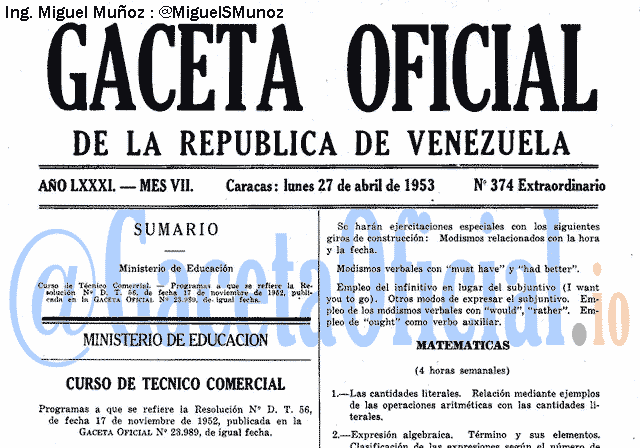Gaceta Oficial 374 del 27 Abril 1953