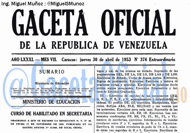 Gaceta Oficial 376 del 30 Abril 1953