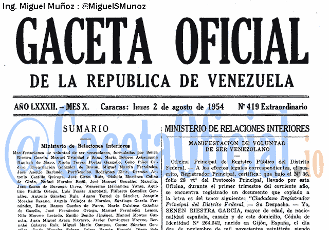 Gaceta Oficial 419 del 2 Agosto 1954