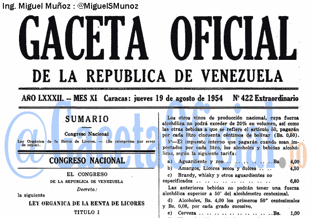 Gaceta Oficial 422 del 19 Agosto 1954
