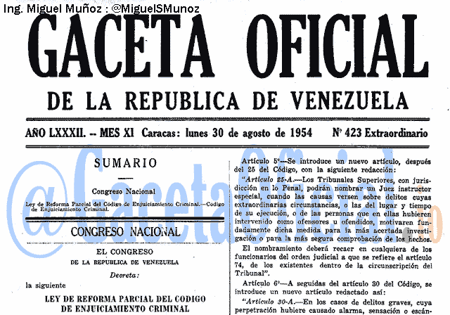 Gaceta Oficial 423 del 30 Agosto 1954