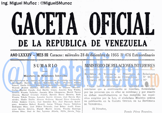 Gaceta Oficial 476 del 28 Diciembre 1955
