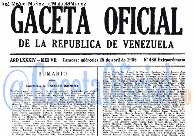 Gaceta Oficial 485 del 25 Abril 1956