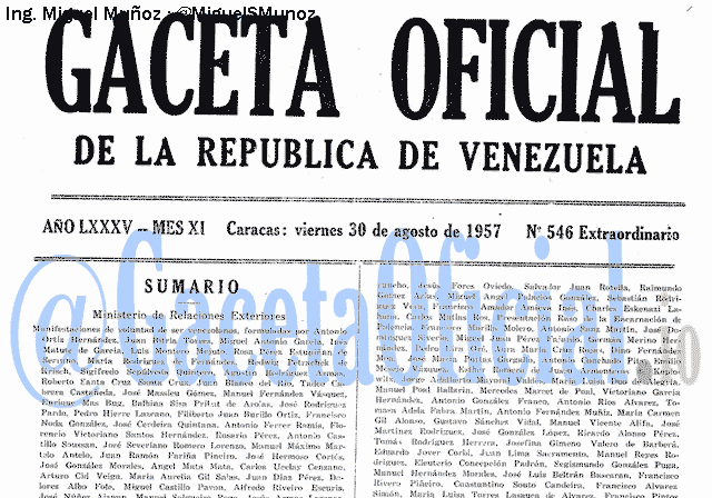 Gaceta Oficial 546 del 30 Agosto 1957