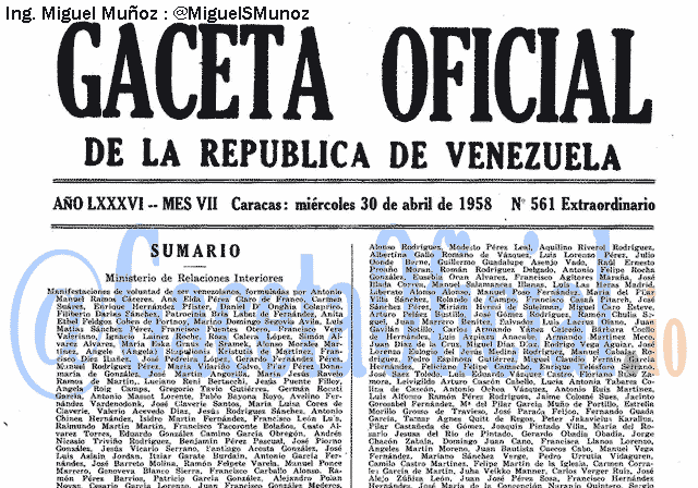 Gaceta Oficial 561 del 30 Abril 1958