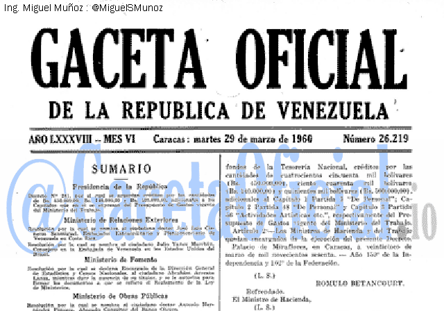 Gaceta Oficial 26219 del 29 Marzo 1960