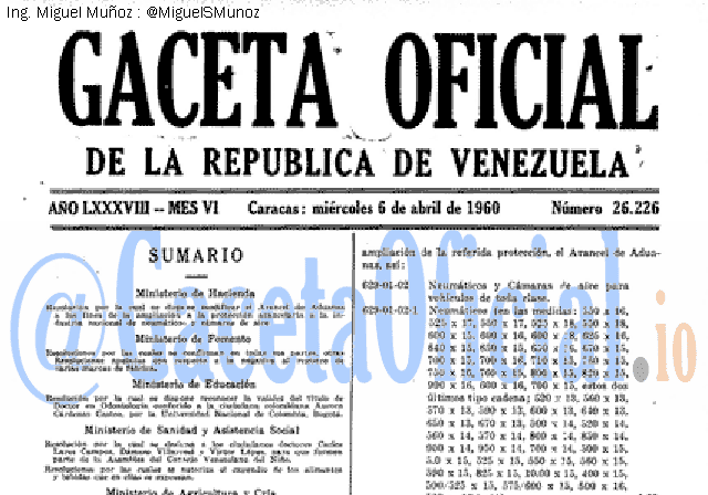 Gaceta Oficial 26226 del 6 Abril 1960