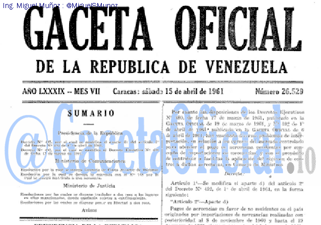 Gaceta Oficial 26529 del 15 Abril 1961