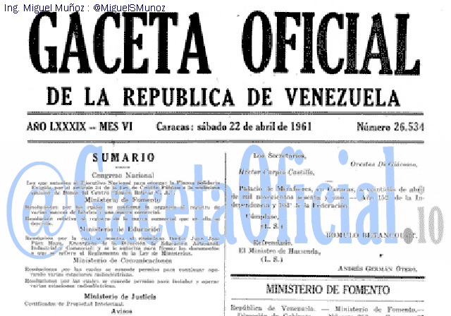 Gaceta Oficial 26534 del 22 Abril 1961