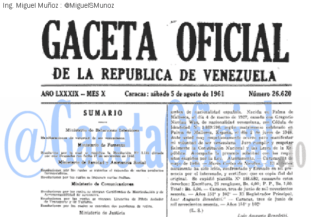 Gaceta Oficial 26620 del 5 Agosto 1961