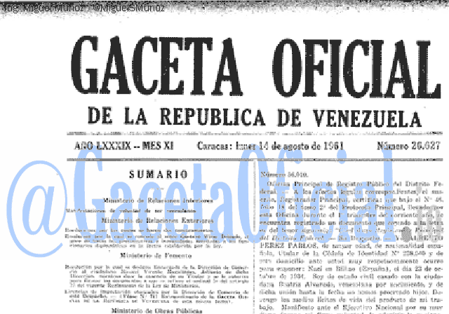 Gaceta Oficial 26627 del 14 Agosto 1961