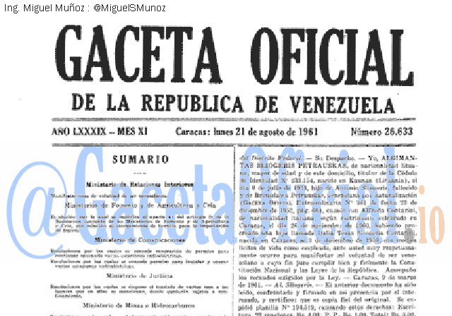 Gaceta Oficial 26633 del 21 Agosto 1961