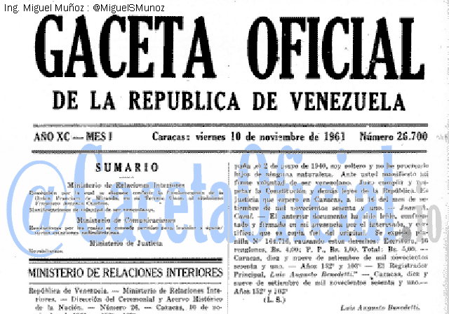 Gaceta Oficial 26700 del 10 Noviembre 1961
