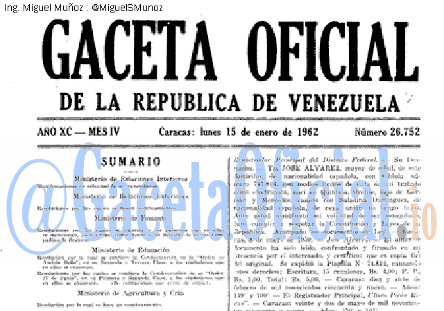 Gaceta Oficial 26752 del 15 Enero 1962