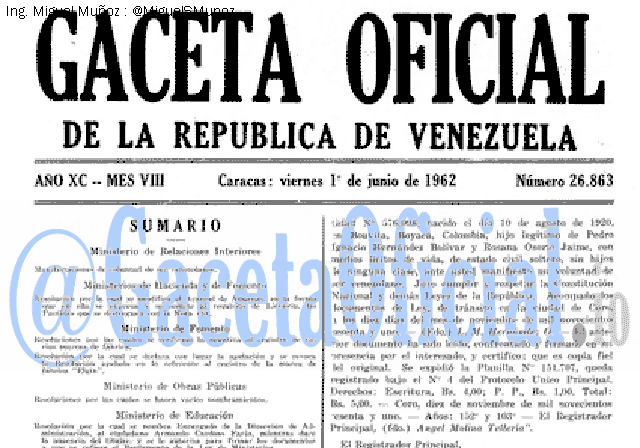 Gaceta Oficial 26863 del 1 Junio 1962