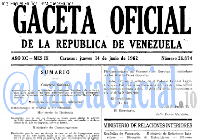 Gaceta Oficial 26874 del 14 Junio 1962