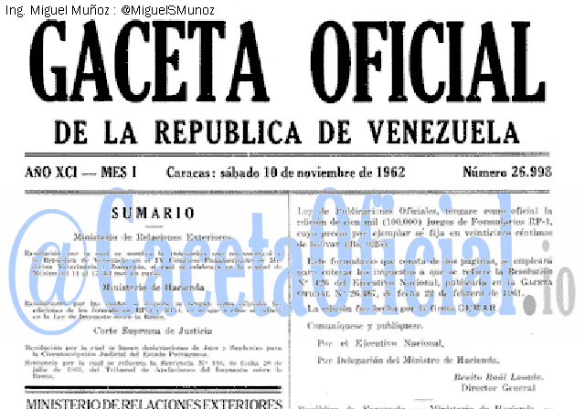 Gaceta Oficial 26998 del 10 Noviembre 1962