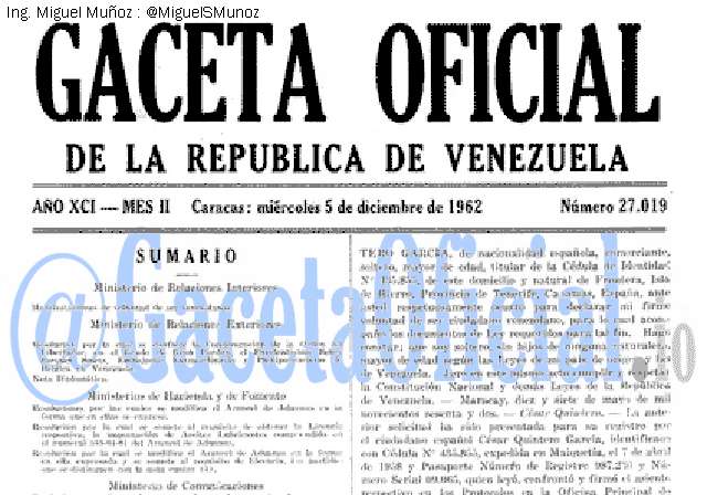 Gaceta Oficial 27019 del 5 Diciembre 1962