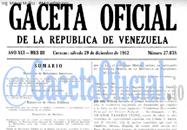 Gaceta Oficial 27038 del 29 Diciembre 1962