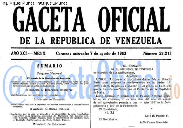Gaceta Oficial 27213 del 7 Agosto 1963