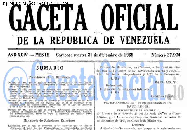 Gaceta Oficial 27920 del 21 Diciembre 1965