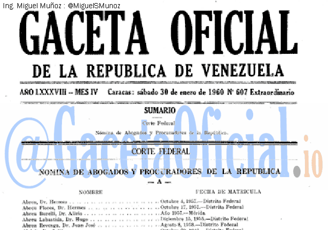 Gaceta Oficial 607 del 30 Enero 1960