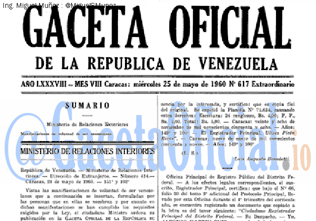 Gaceta Oficial 617 del 25 Mayo 1960