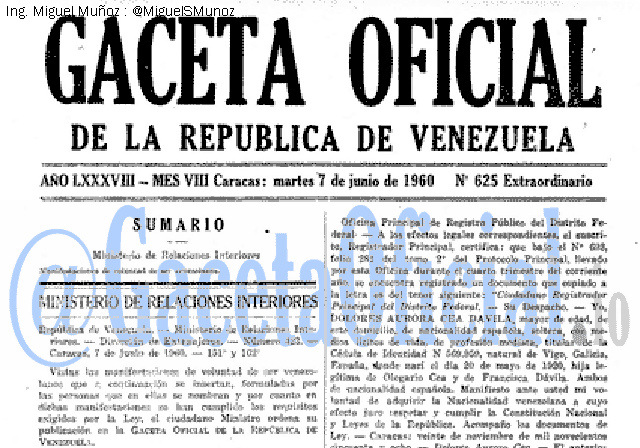 Gaceta Oficial 625 del 7 Junio 1960