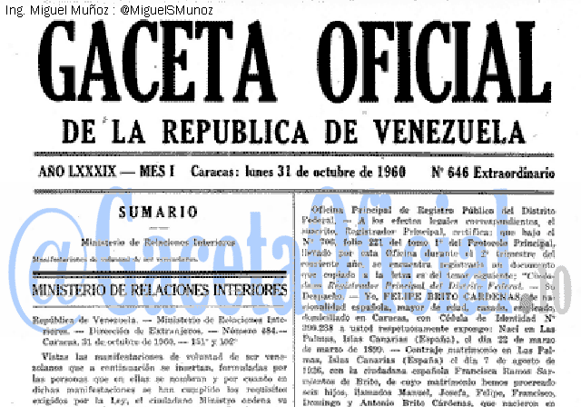Gaceta Oficial 646 del 31 Octubre 1960