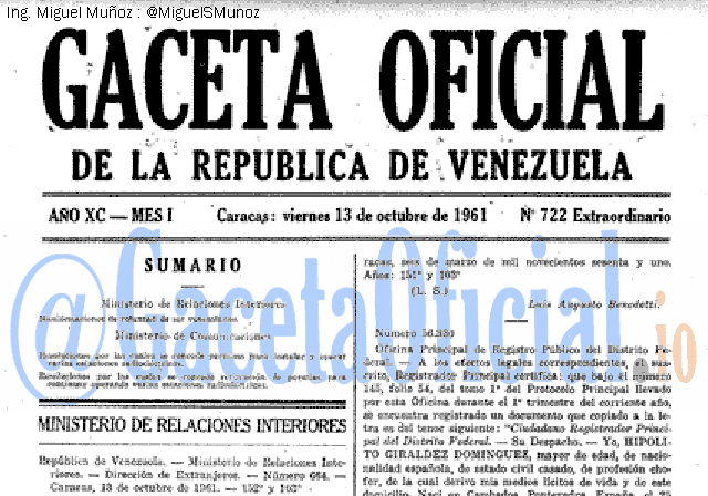 Gaceta Oficial 722 del 13 Octubre 1961