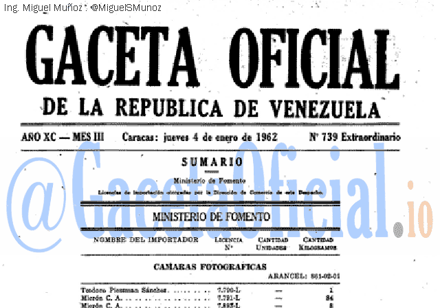 Gaceta Oficial 739 del 4 Enero 1962